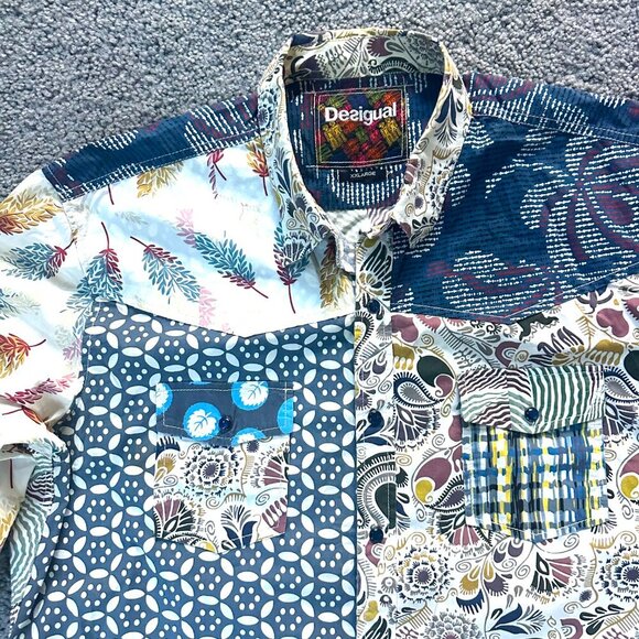 Desigual Patchwork Design Shirt -Size XXL- Unique Art to Wear - Dark Pearl Snaps - Picture 2 of 9